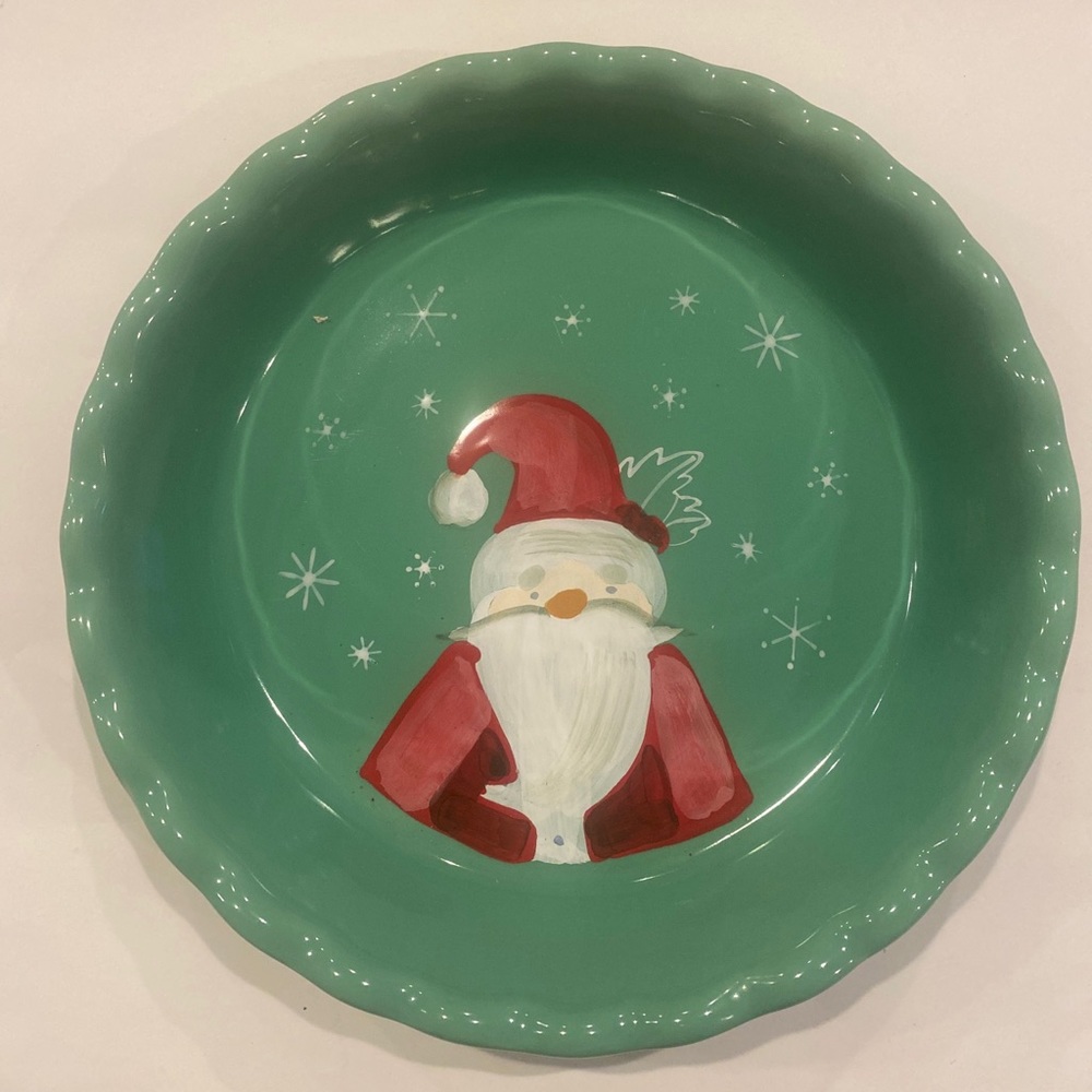 SANTA PIE PLATE Rustic Painted Motif Oven Microwave Dishwasher Safe EUC